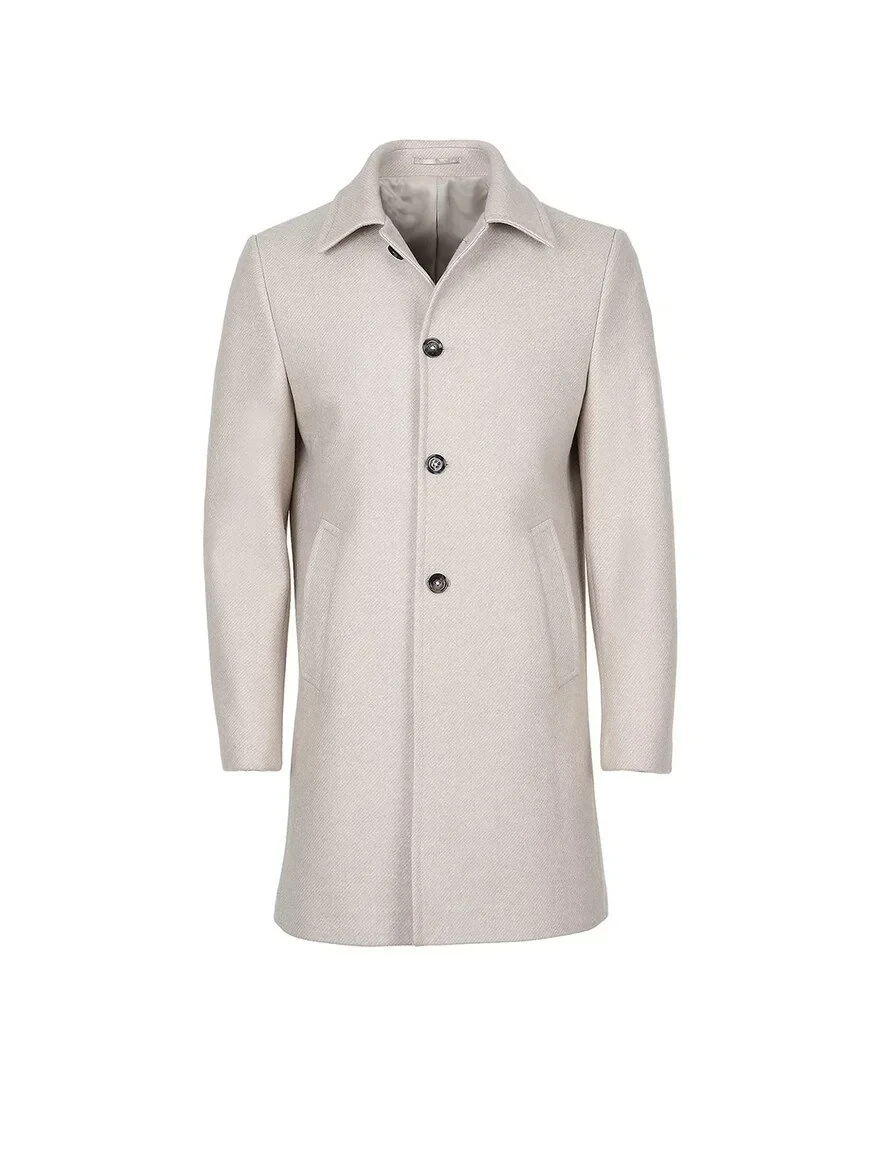 Beige Regular Fit Butterfly Collar Classical Weaving Overcoat - 7