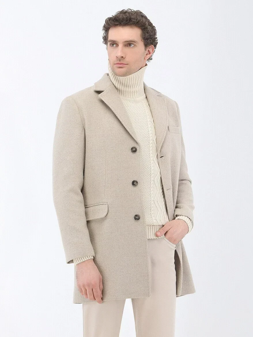 Beige Regular Fit Butterfly Collar Classical Weaving Overcoat - 1