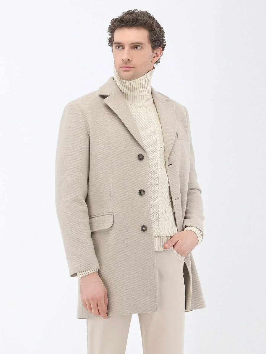 Beige Regular Fit Butterfly Collar Classical Weaving Overcoat - 1