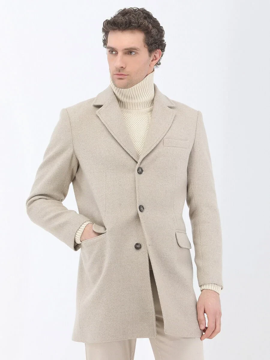 Beige Regular Fit Butterfly Collar Classical Weaving Overcoat - 2