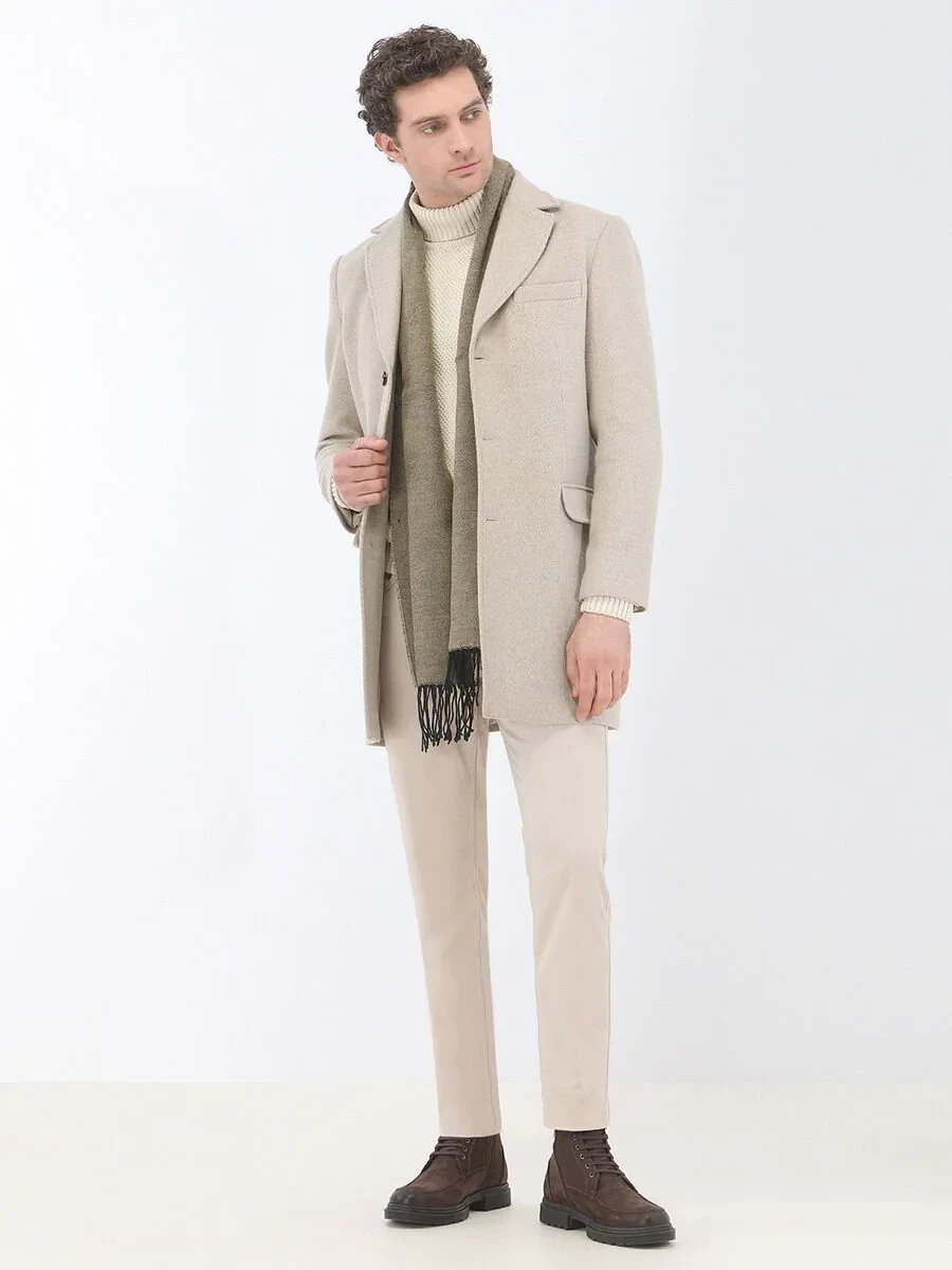 Beige Regular Fit Butterfly Collar Classical Weaving Overcoat - 3