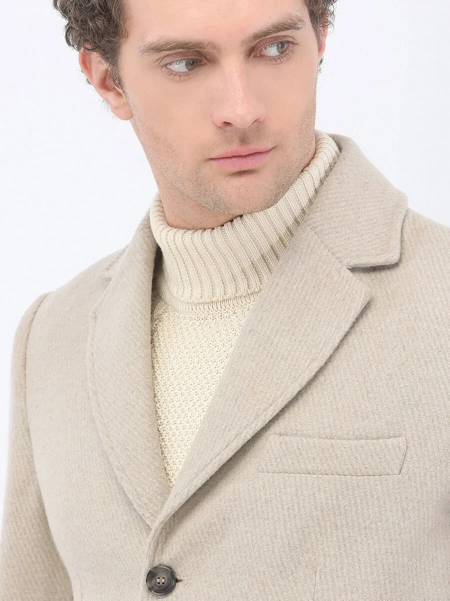 Beige Regular Fit Butterfly Collar Classical Weaving Overcoat - 4