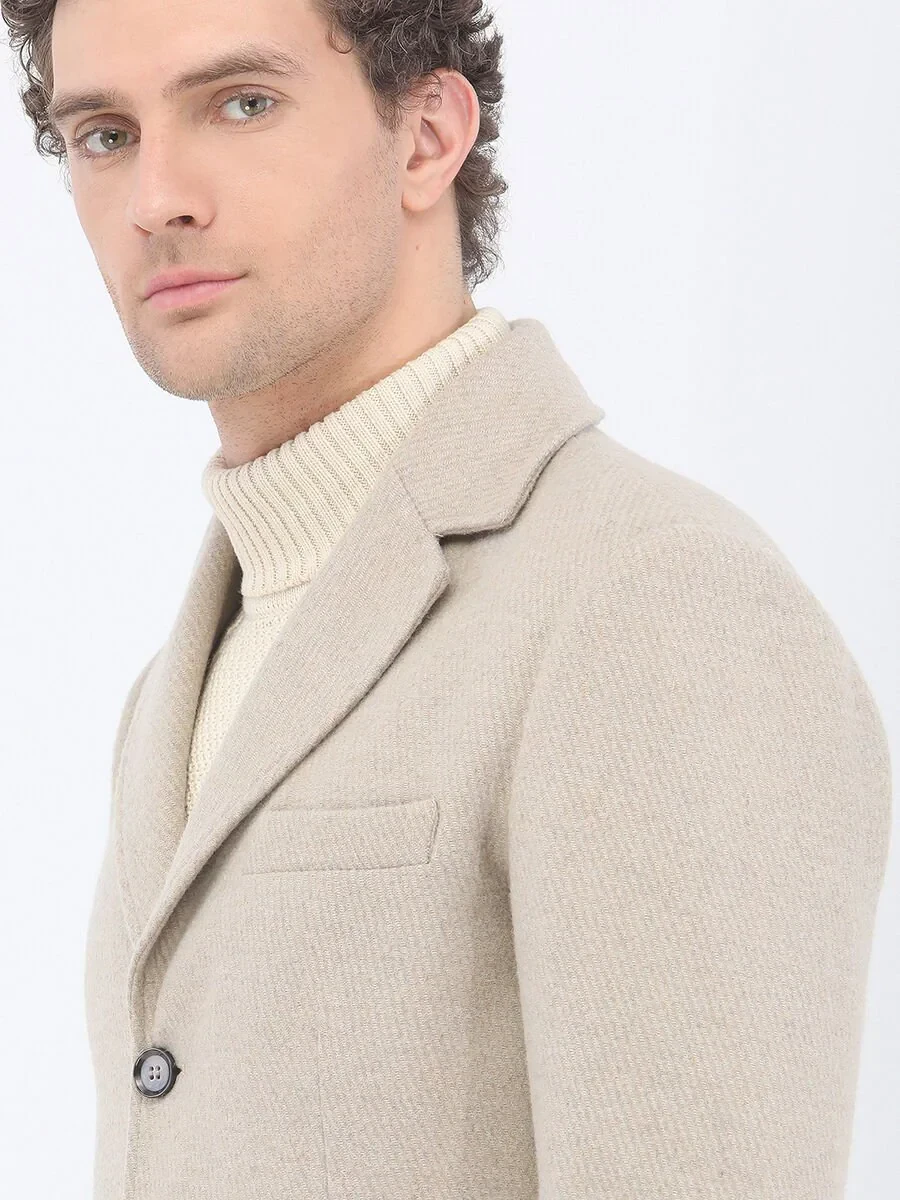 Beige Regular Fit Butterfly Collar Classical Weaving Overcoat - 5