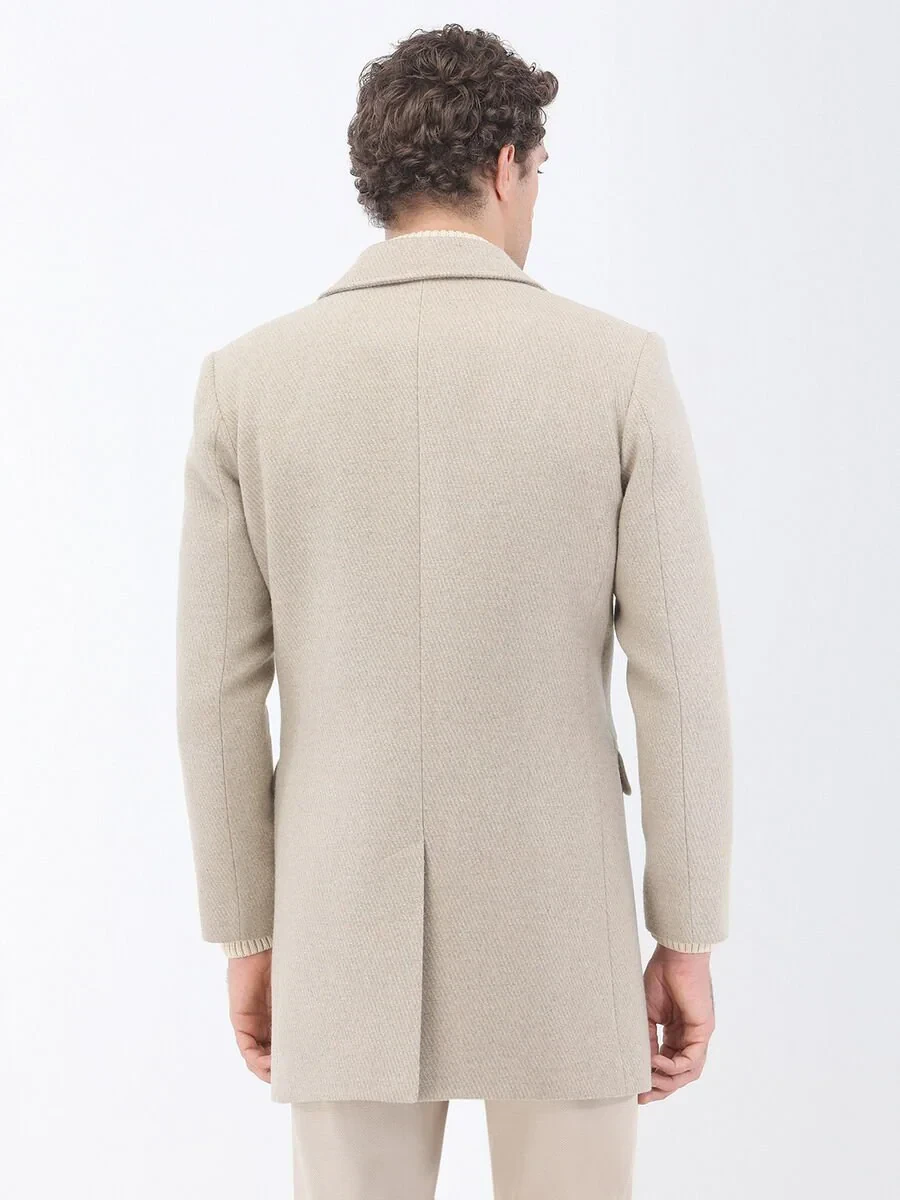 Beige Regular Fit Butterfly Collar Classical Weaving Overcoat - 6