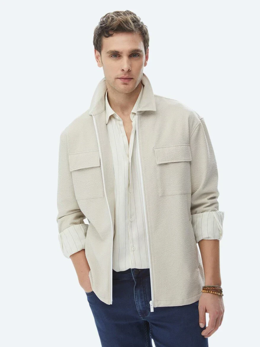 Beige Regular Fit Casual Weaving Coat - 1