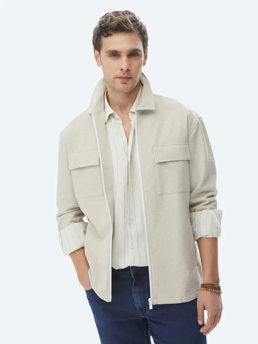 Beige Regular Fit Casual Weaving Coat - 1