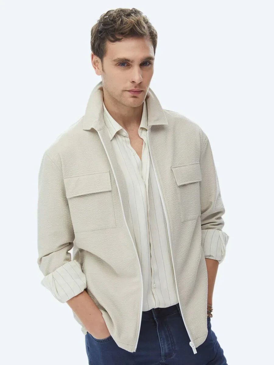 Beige Regular Fit Casual Weaving Coat - 3