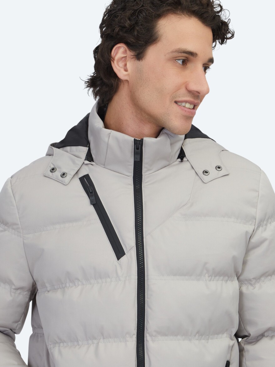 Beige Regular Fit Casual Weaving Removable Hood Coat - 3