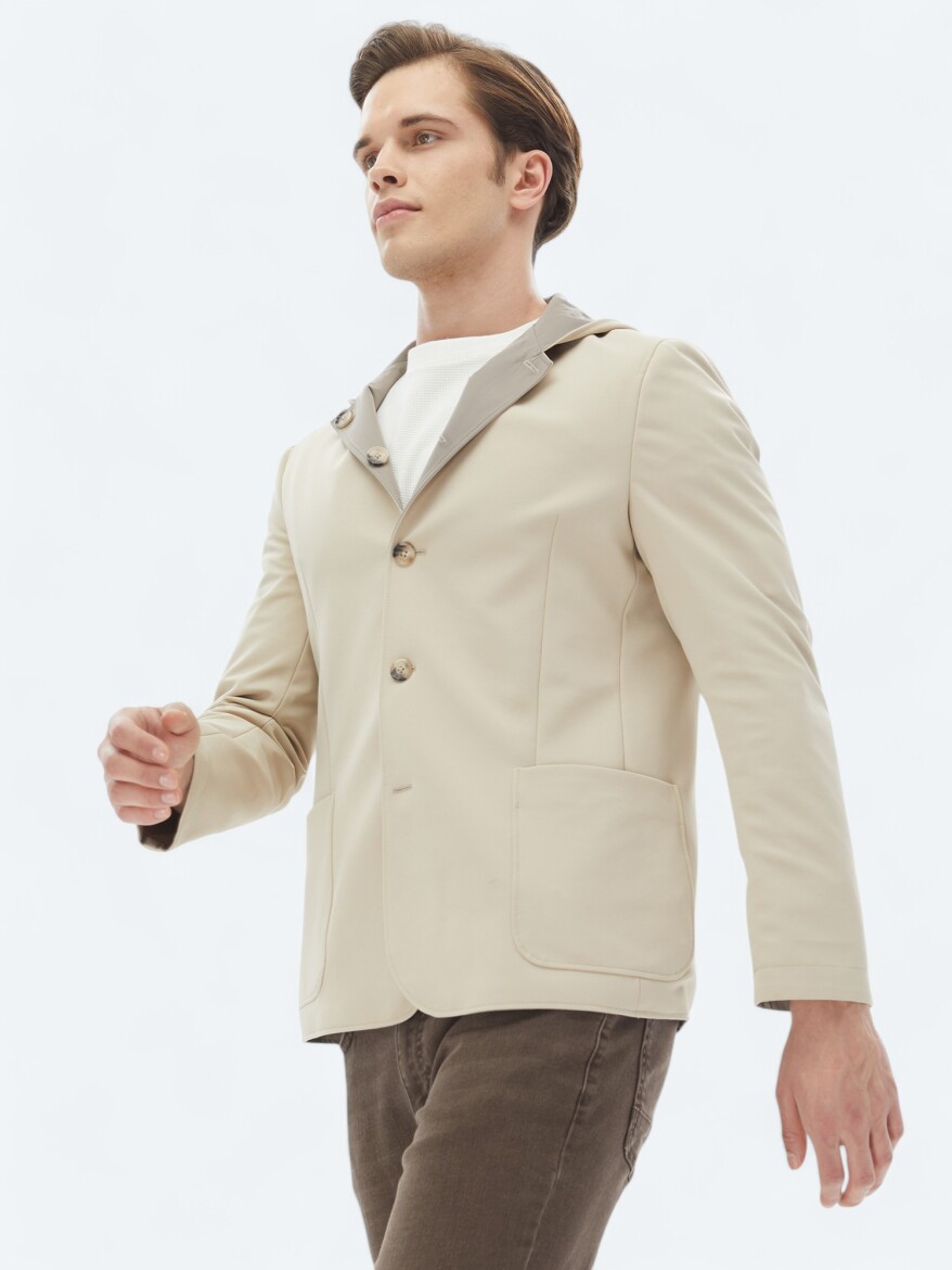 Beige Regular Fit Hooded Casual Knitting Coat - 3