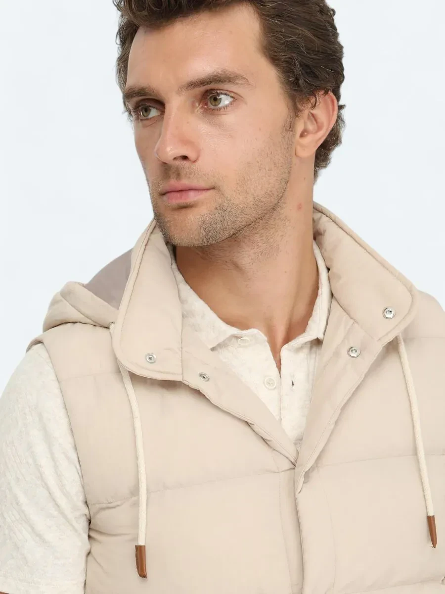 Beige Regular Fit Hooded Casual Weaving Puffer Vest - 4