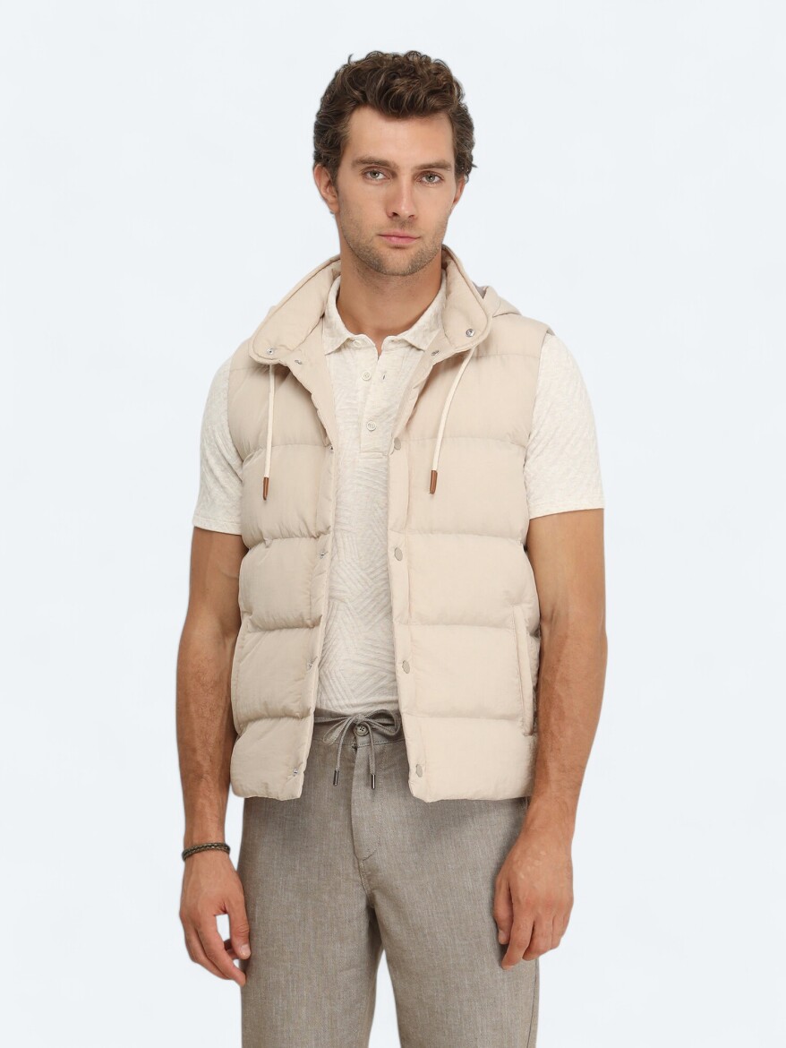 Beige Regular Fit Hooded Casual Weaving Puffer Vest - 1