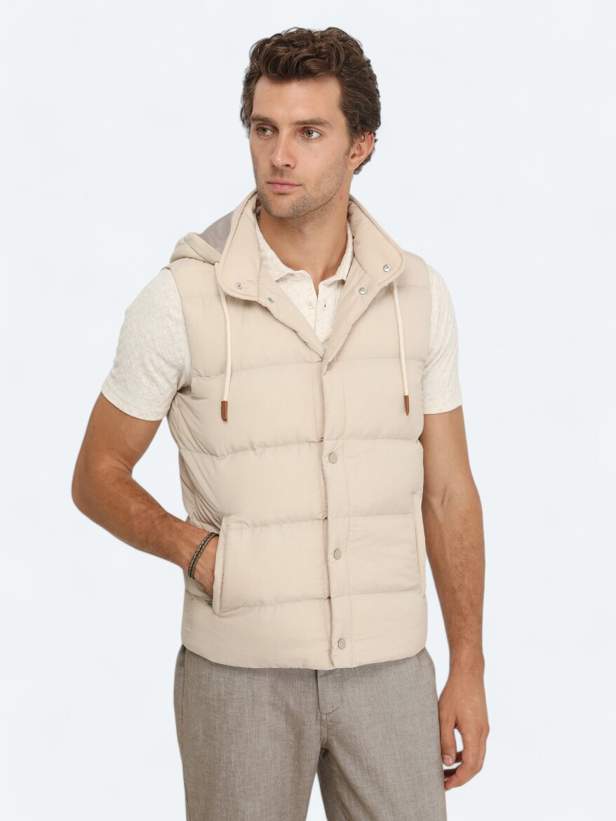 Beige Regular Fit Hooded Casual Weaving Puffer Vest - 2