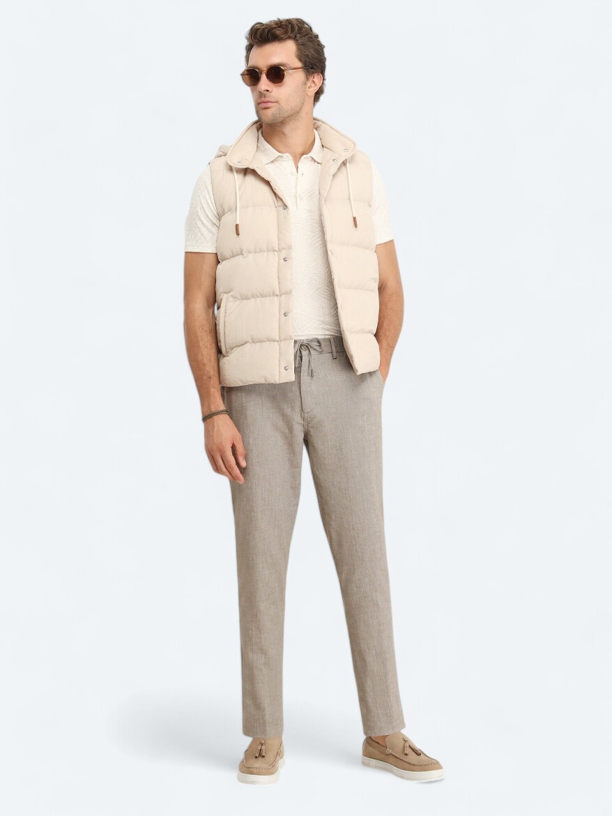 Beige Regular Fit Hooded Casual Weaving Puffer Vest - 3