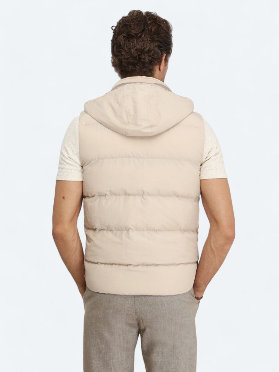 Beige Regular Fit Hooded Casual Weaving Puffer Vest - 6