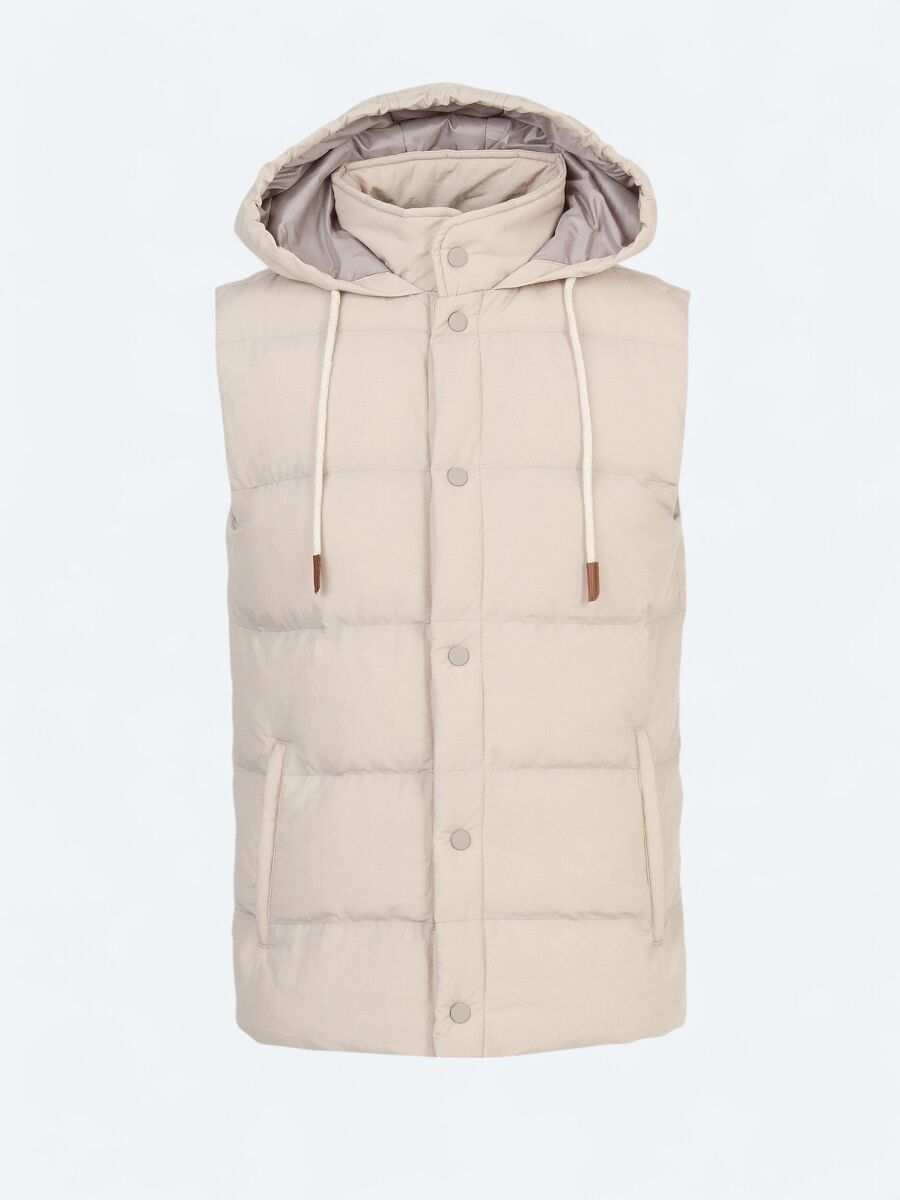Beige Regular Fit Hooded Casual Weaving Puffer Vest - 7