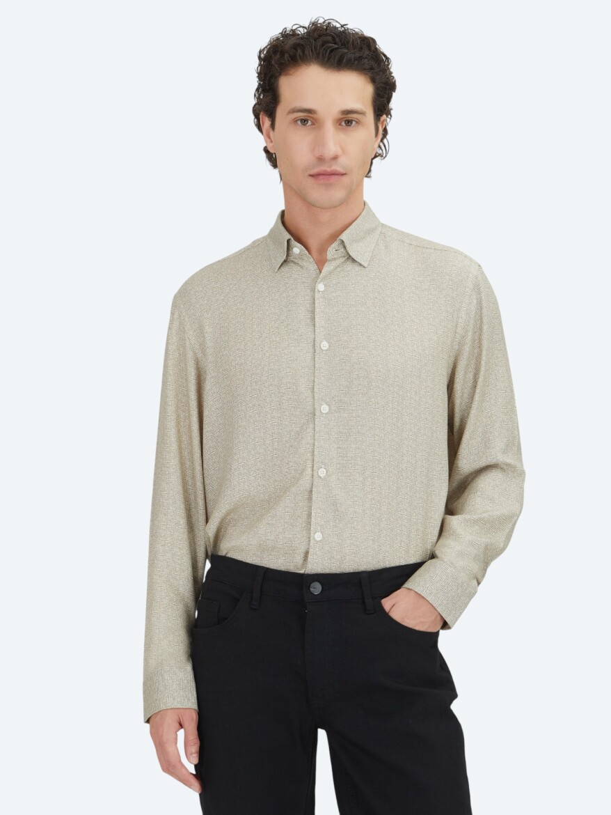 Beige Regular Fit Long Weaving Casual 100% Cotton Shirt - 1