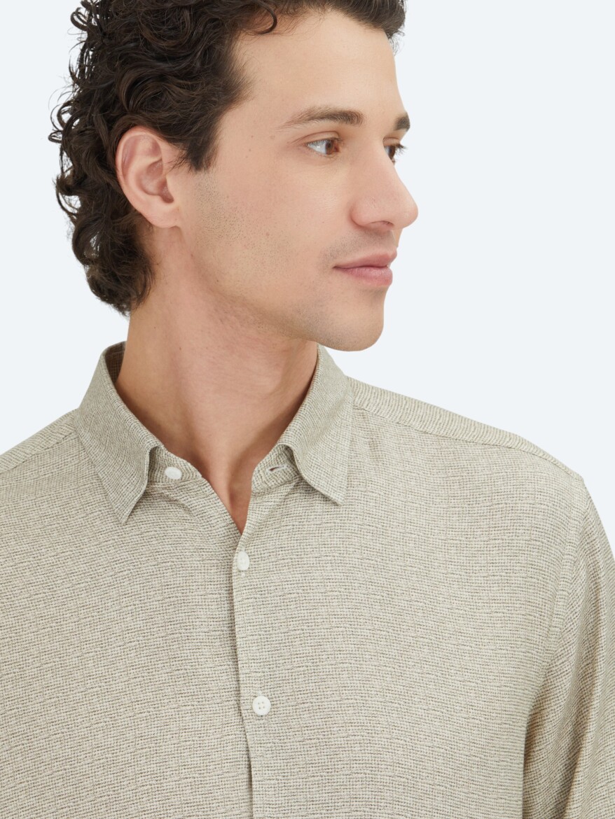 Beige Regular Fit Long Weaving Casual 100% Cotton Shirt - 3