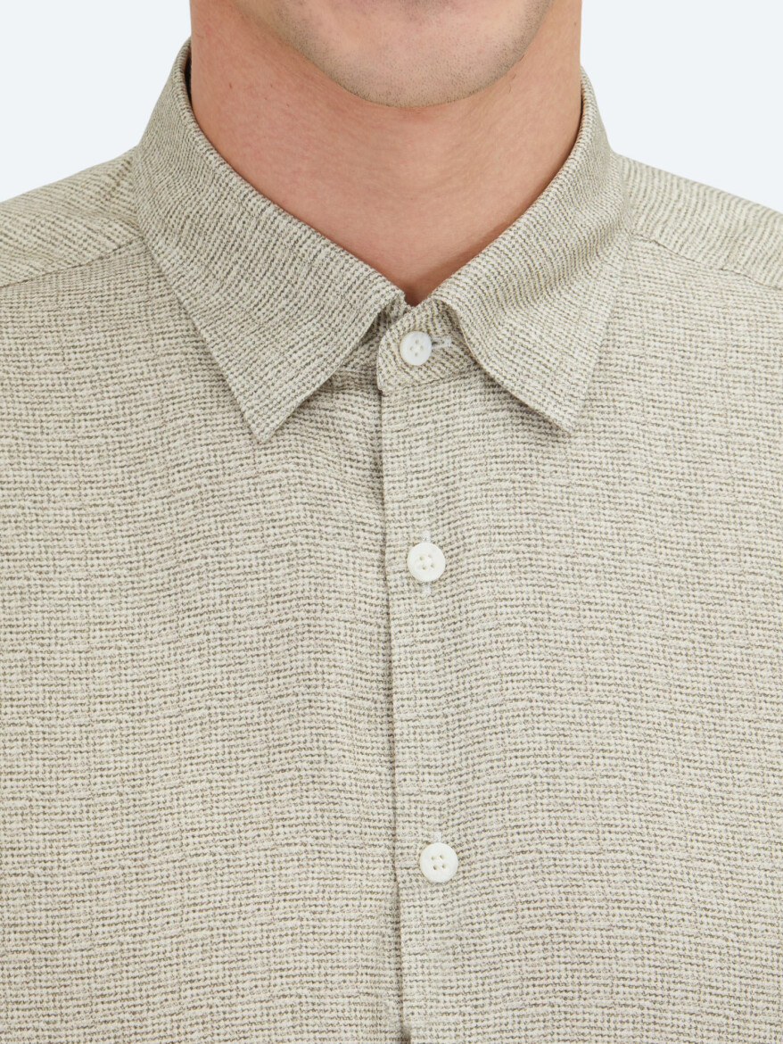 Beige Regular Fit Long Weaving Casual 100% Cotton Shirt - 4