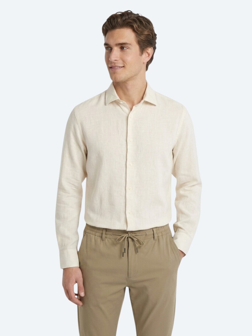 Beige Regular Fit Long Weaving Casual Cotton Blended Shirt - 1