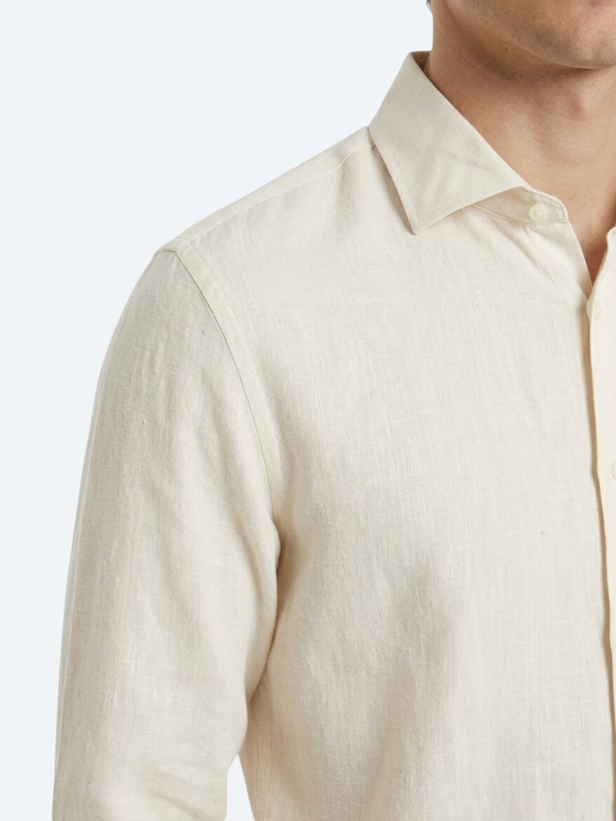 Beige Regular Fit Long Weaving Casual Cotton Blended Shirt - 3
