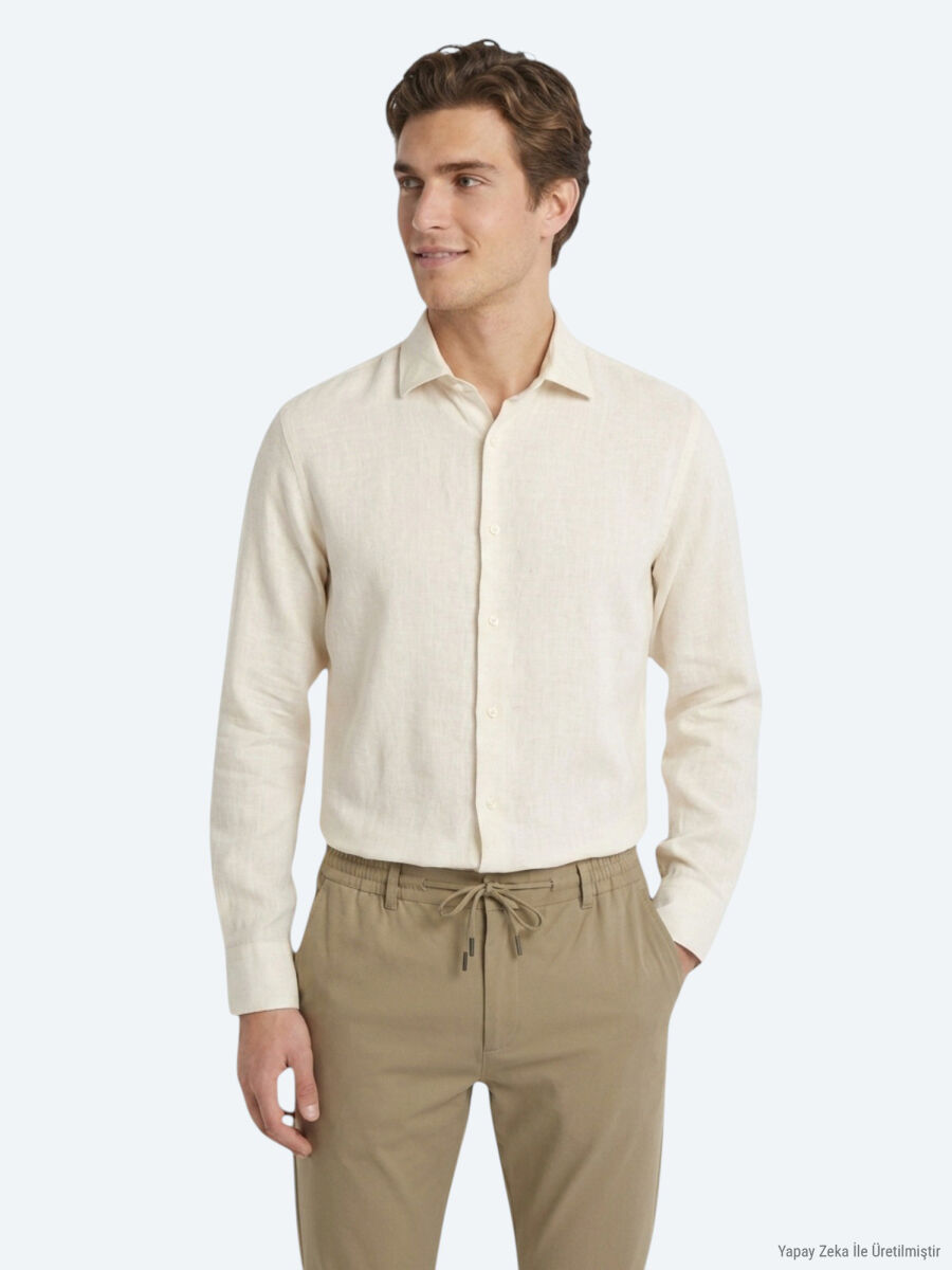 Beige Regular Fit Long Weaving Casual Cotton Blended Shirt - 1
