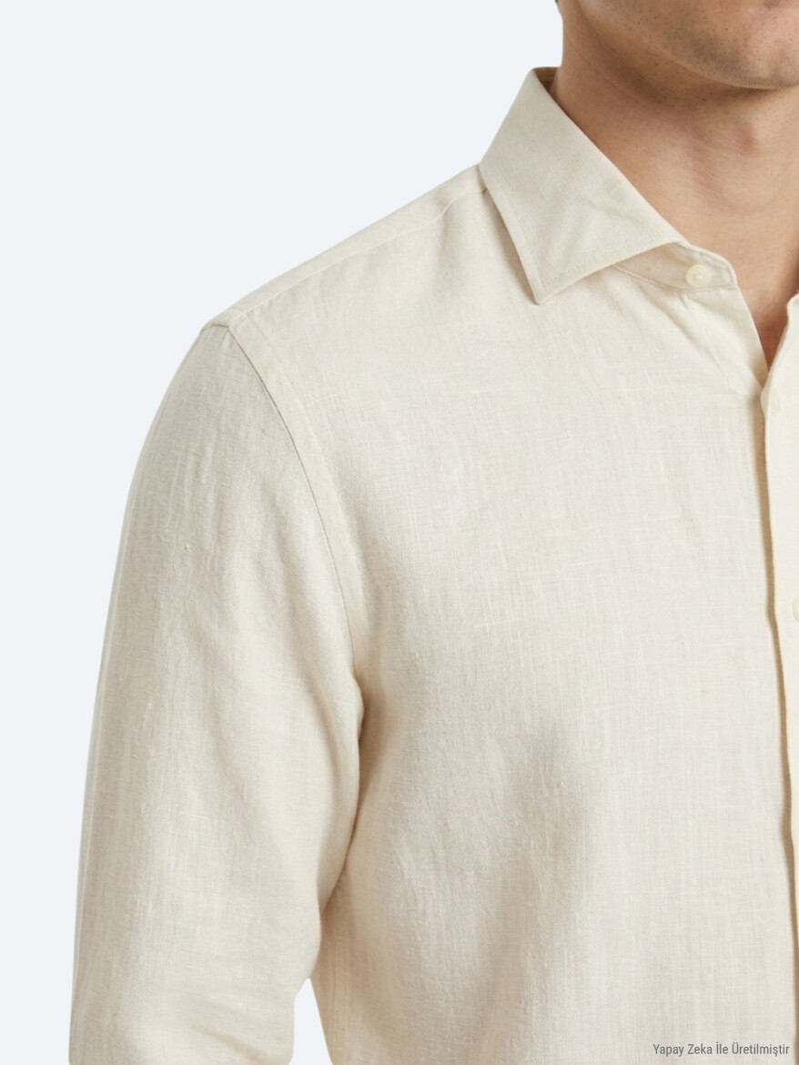 Beige Regular Fit Long Weaving Casual Cotton Blended Shirt - 3