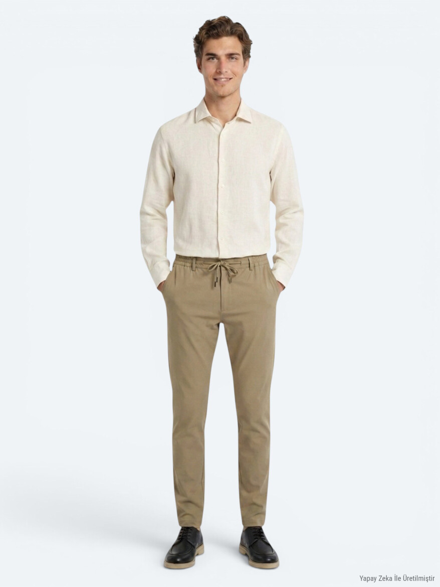 Beige Regular Fit Long Weaving Casual Cotton Blended Shirt - 4