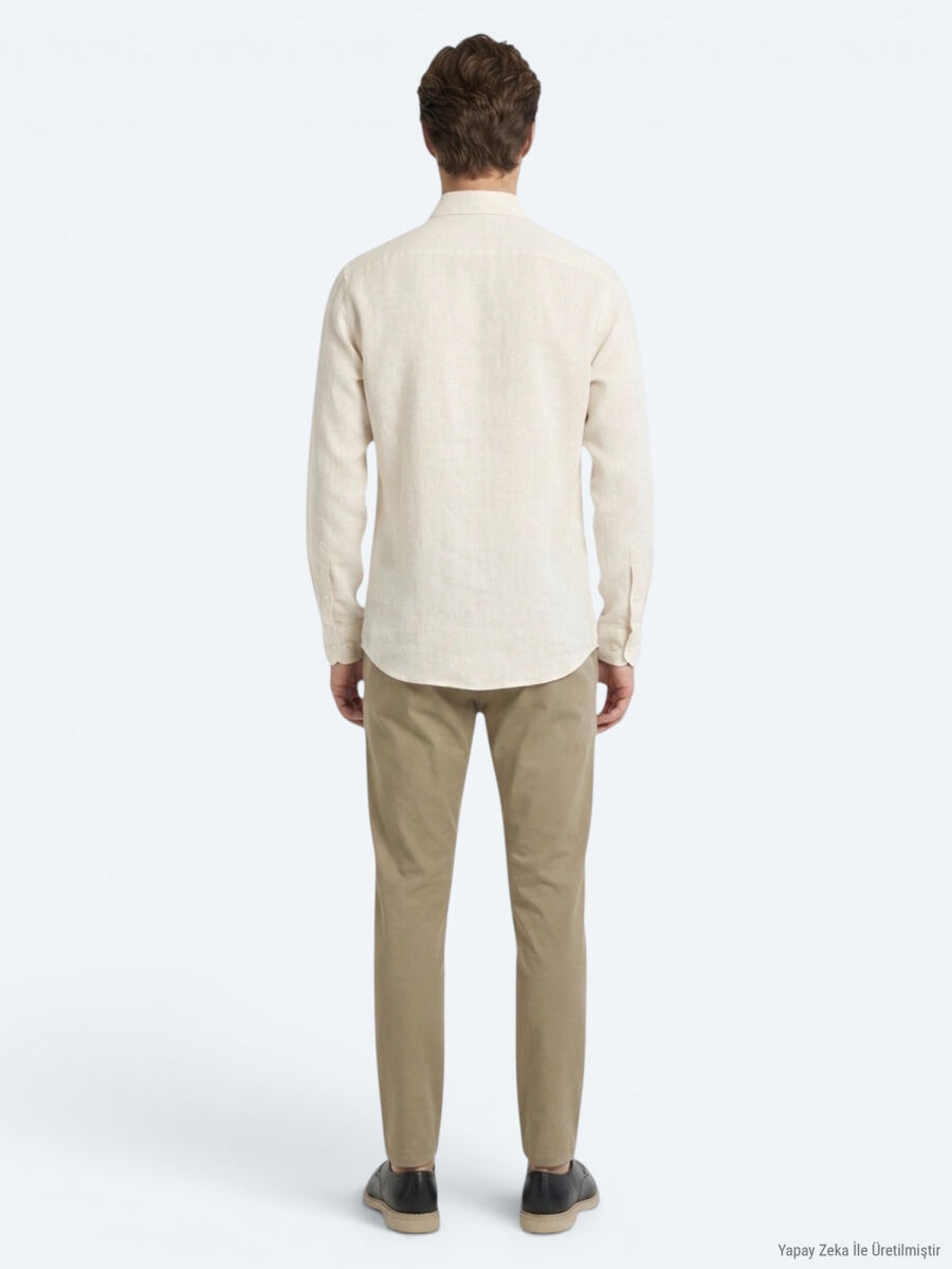 Beige Regular Fit Long Weaving Casual Cotton Blended Shirt - 5