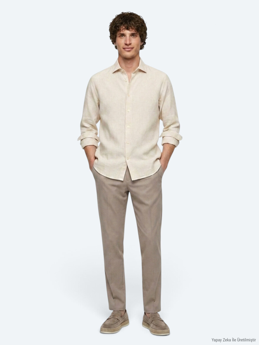 Beige Regular Fit Long Weaving Casual Cotton Blended Shirt - 4