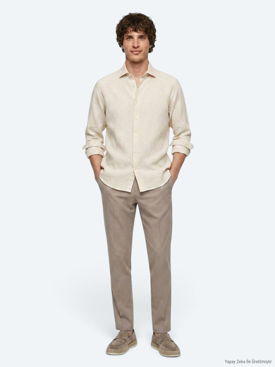Beige Regular Fit Long Weaving Casual Cotton Blended Shirt - 4