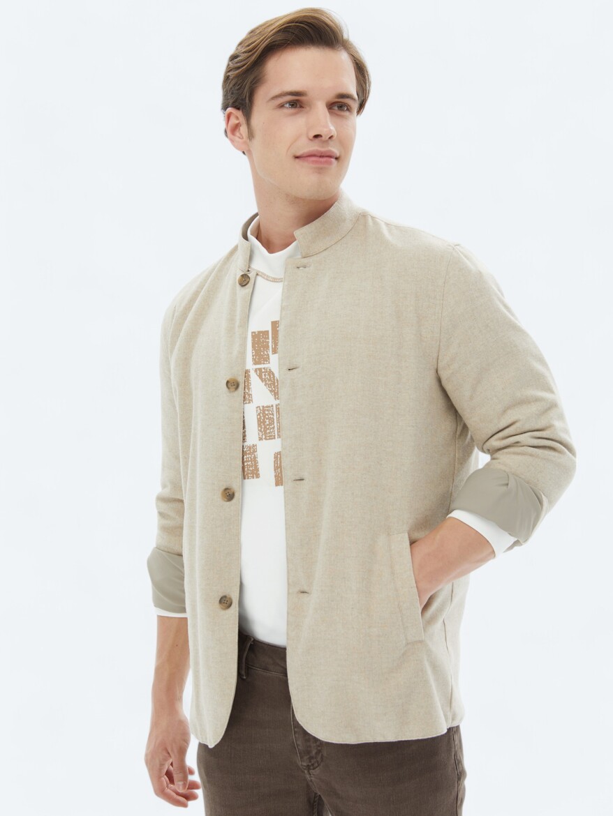 Beige Regular Fit Turtleneck Casual Weaving Coat - 1