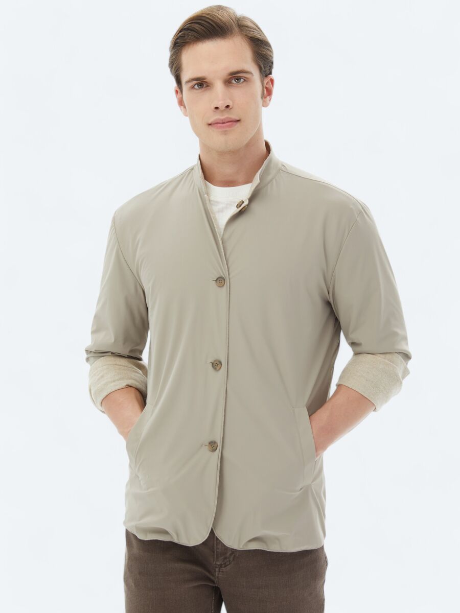 Beige Regular Fit Turtleneck Casual Weaving Coat - 2