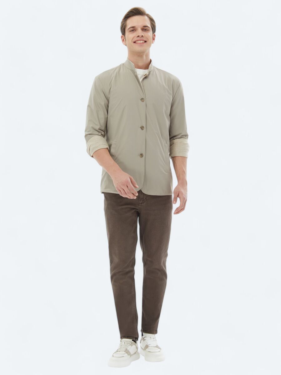 Beige Regular Fit Turtleneck Casual Weaving Coat - 4