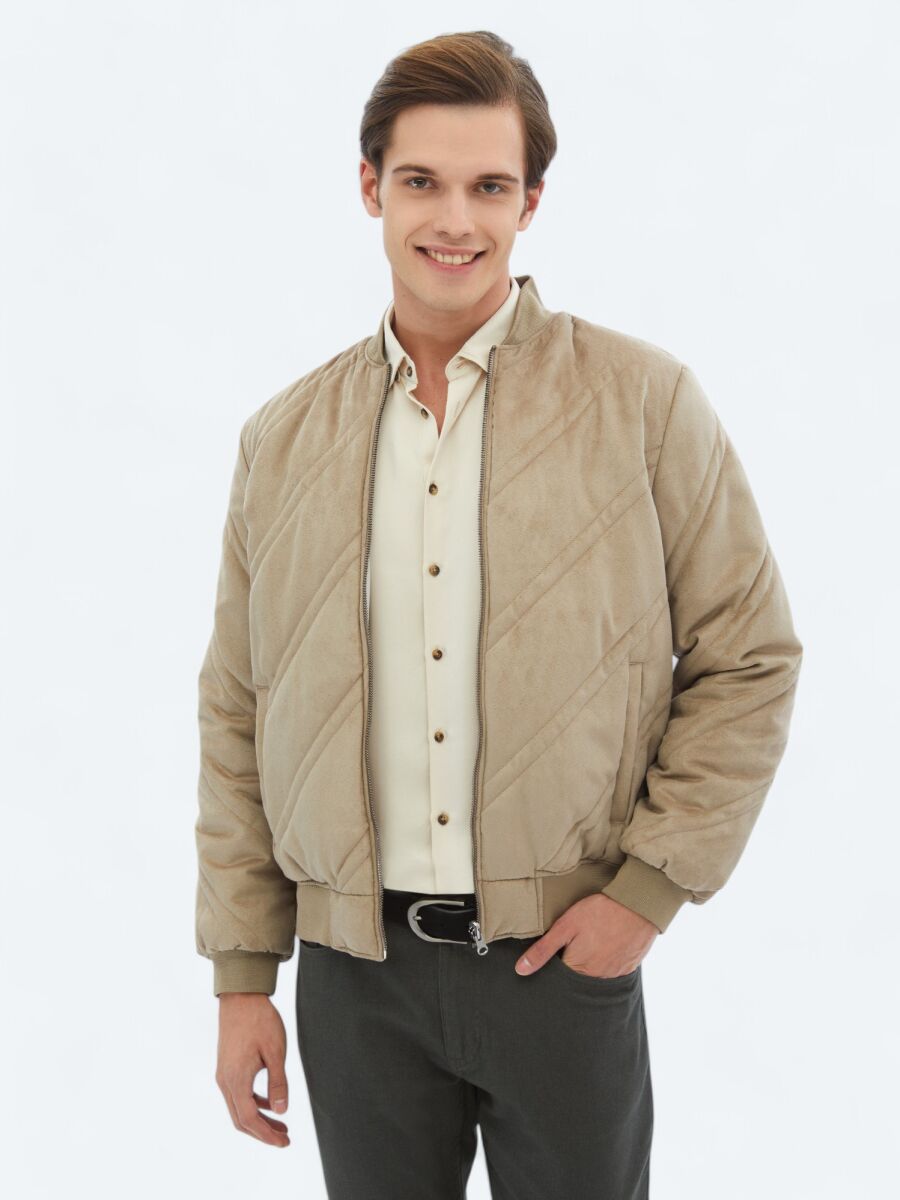 Beige Regular Fit Turtleneck Casual Weaving Coat - 3