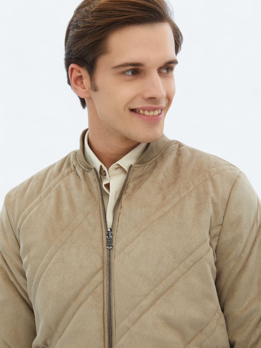 Beige Regular Fit Turtleneck Casual Weaving Coat - 4