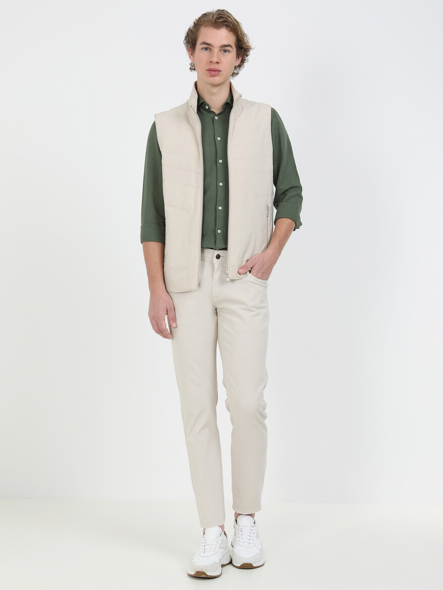 Beige Regular Fit Turtleneck Casual Weaving Puffer Vest - 1