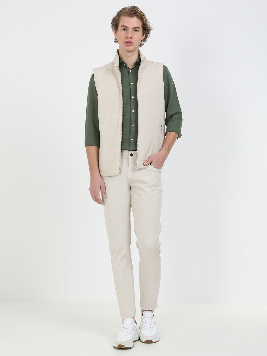 Beige Regular Fit Turtleneck Casual Weaving Puffer Vest - 1