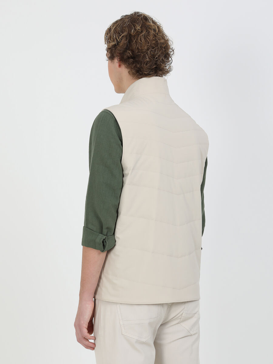 Beige Regular Fit Turtleneck Casual Weaving Puffer Vest - 6
