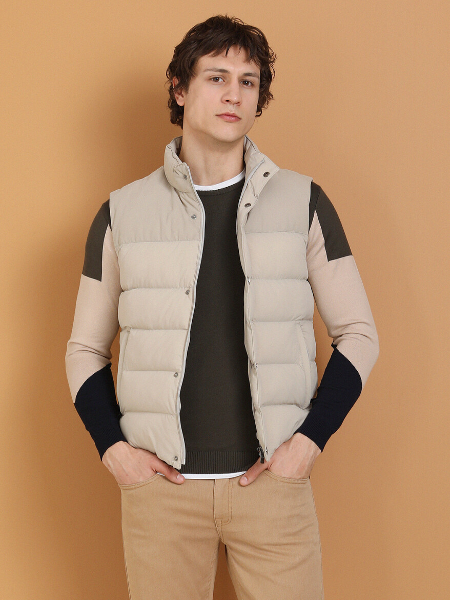 Beige Regular Fit Turtleneck Casual Weaving Puffer Vest - 1