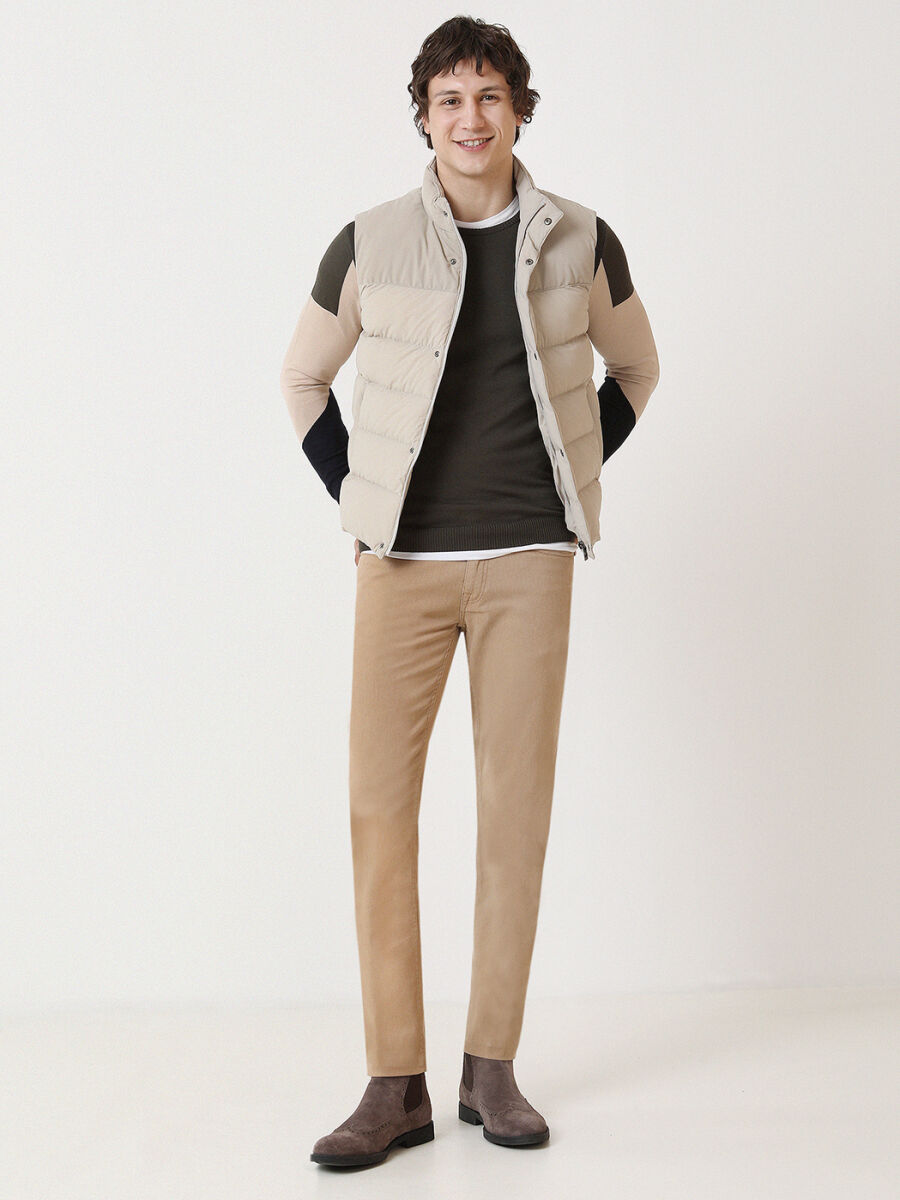 Beige Regular Fit Turtleneck Casual Weaving Puffer Vest - 4