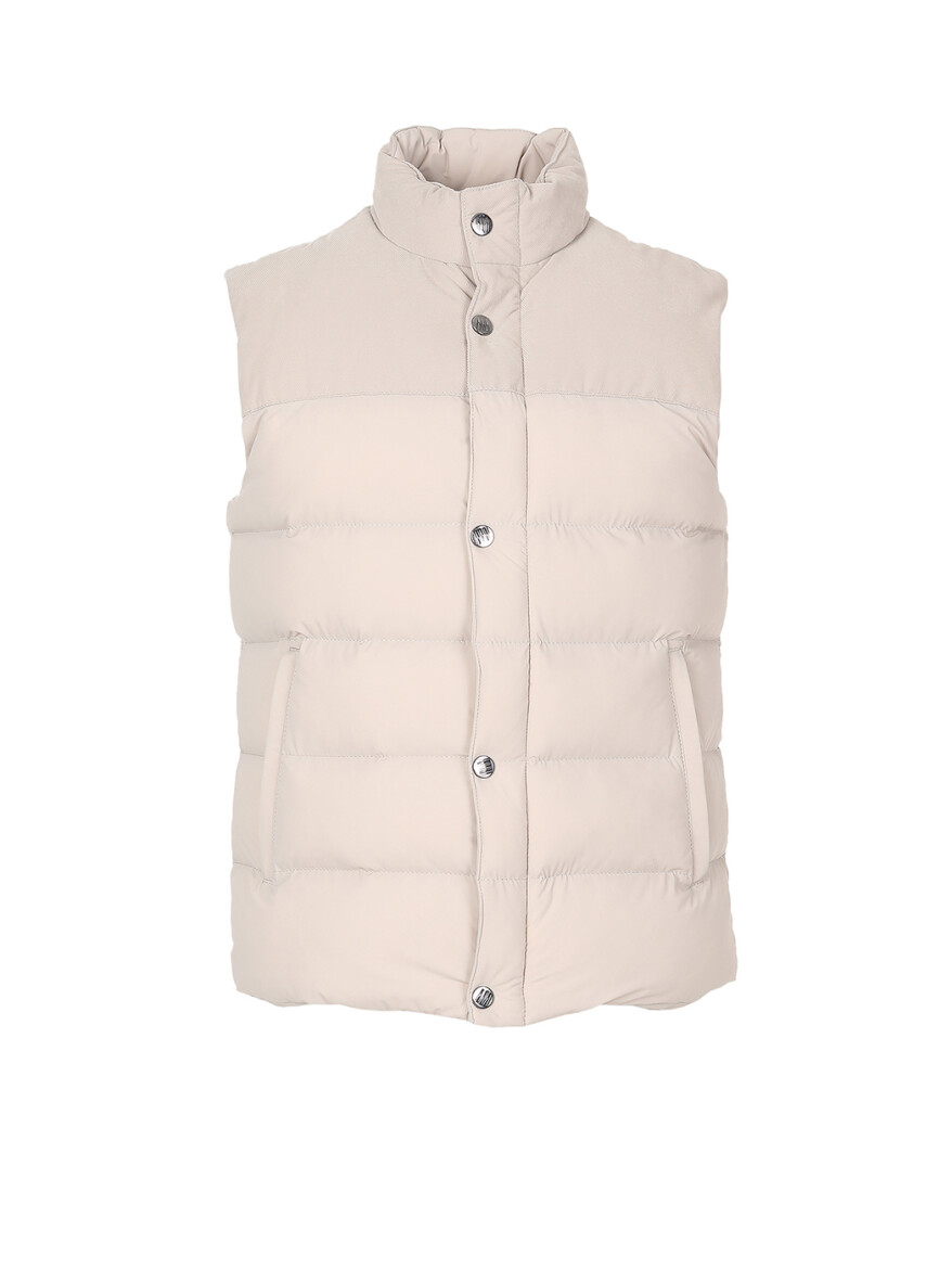 Beige Regular Fit Turtleneck Casual Weaving Puffer Vest - 6