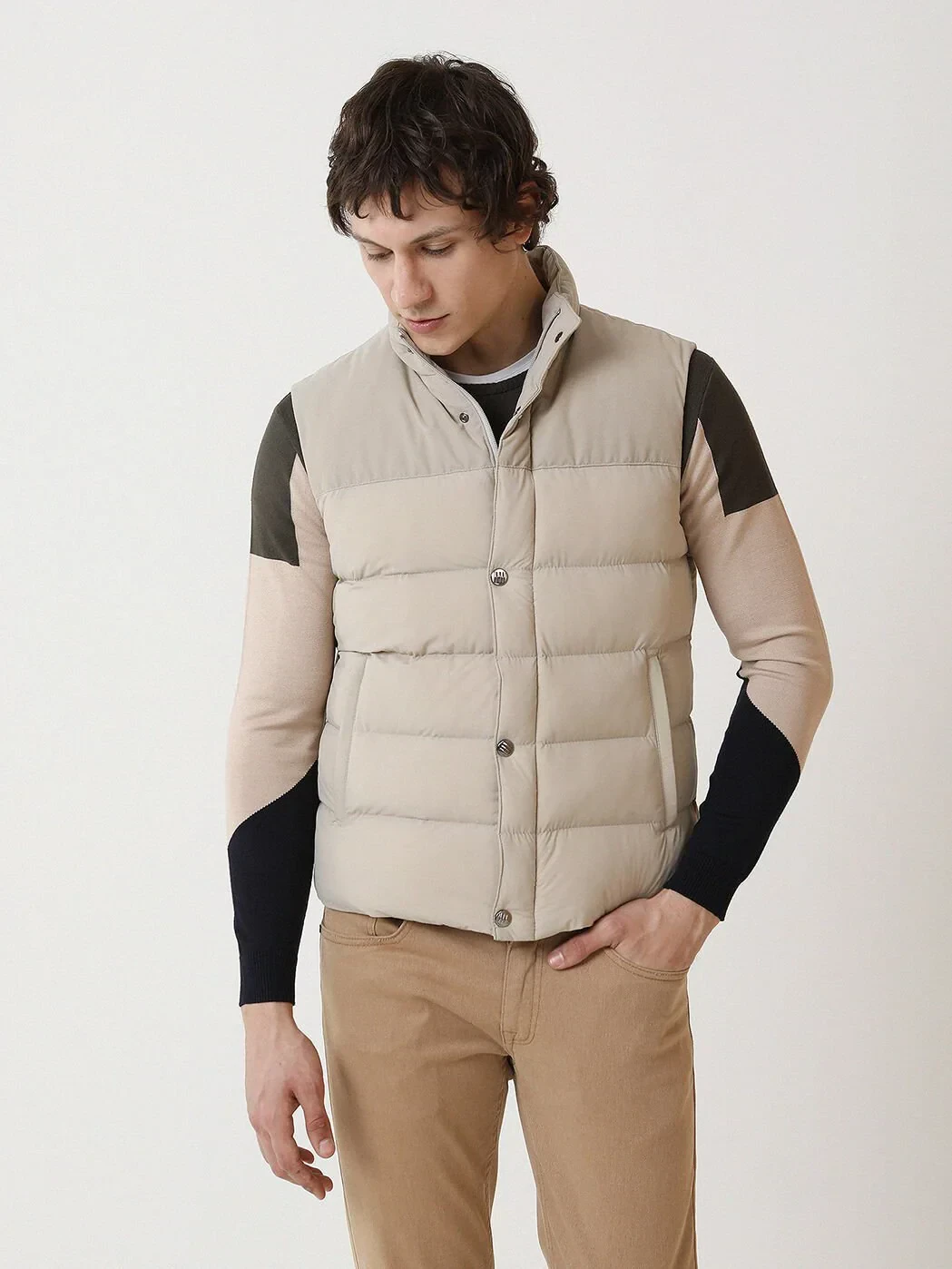 Beige Regular Fit Turtleneck Casual Weaving Puffer Vest - 3