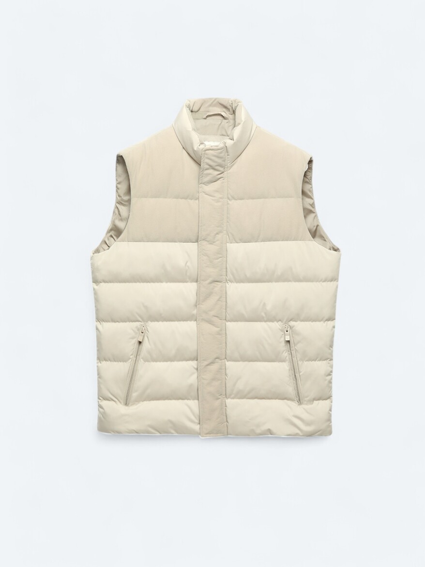 Beige Regular Fit Turtleneck Casual Weaving Puffer Vest - 6
