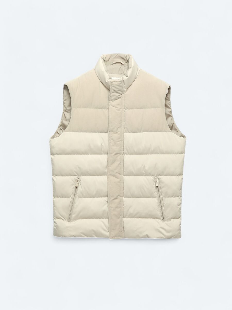 Beige Regular Fit Turtleneck Casual Weaving Puffer Vest - 6