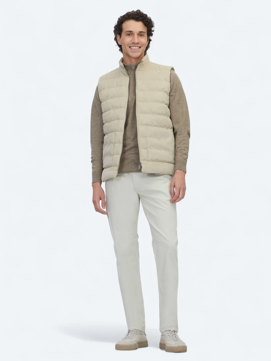 Beige Regular Fit Turtleneck Casual Weaving Puffer Vest - 2