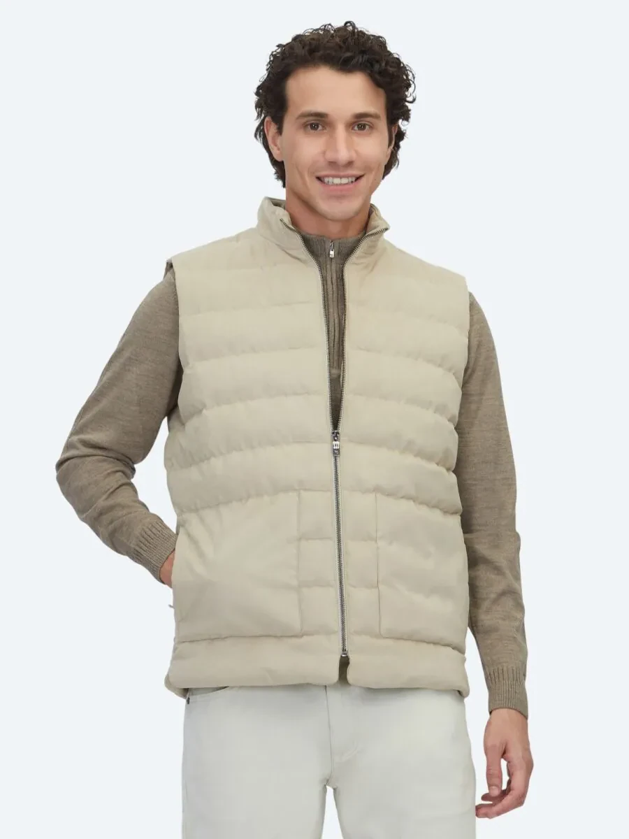 Beige Regular Fit Turtleneck Casual Weaving Puffer Vest - 1