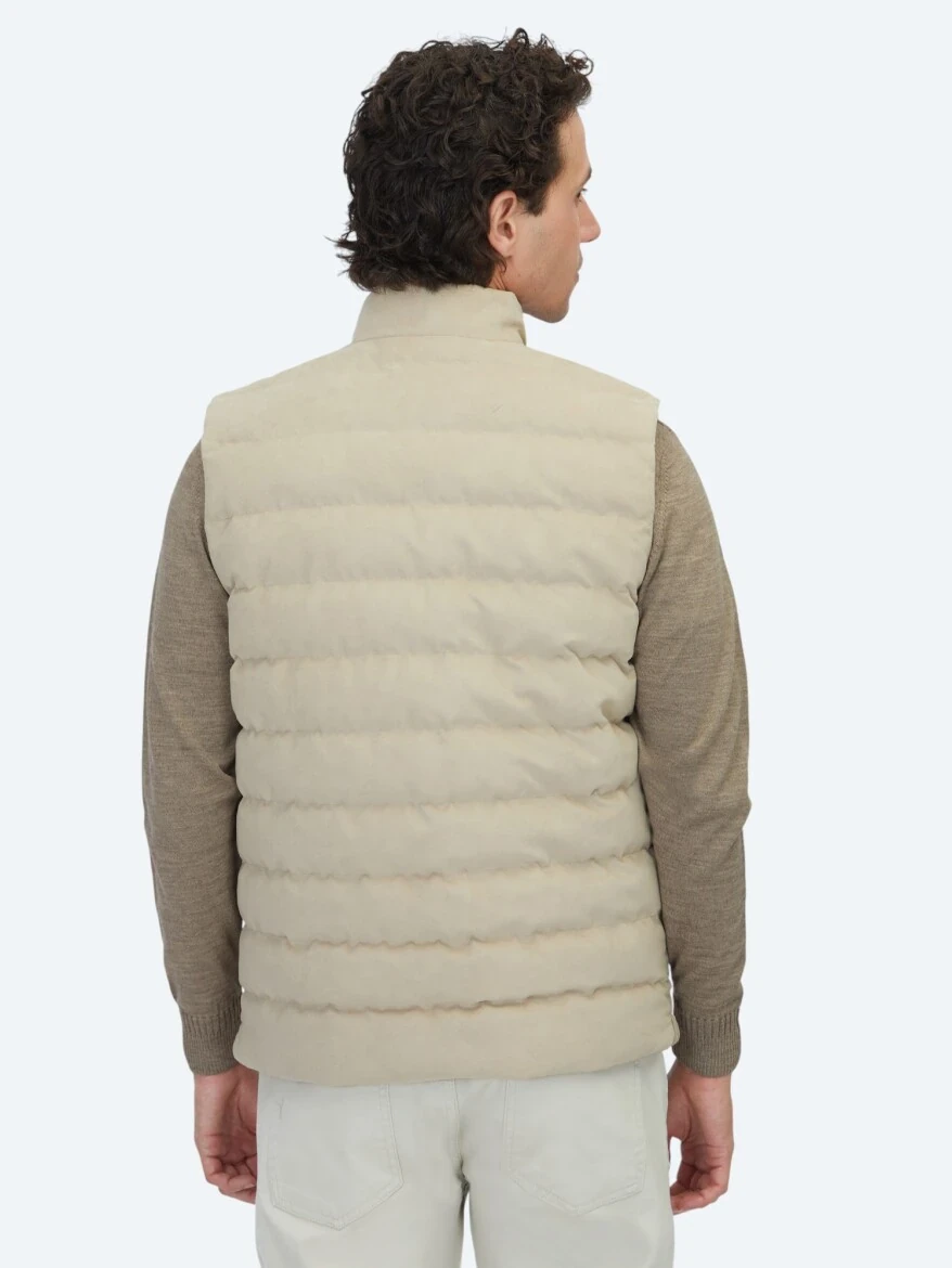 Beige Regular Fit Turtleneck Casual Weaving Puffer Vest - 5