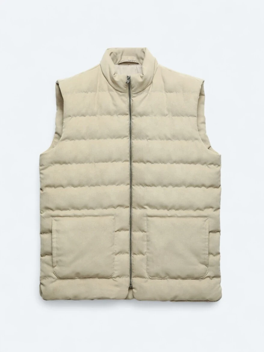 Beige Regular Fit Turtleneck Casual Weaving Puffer Vest - 6