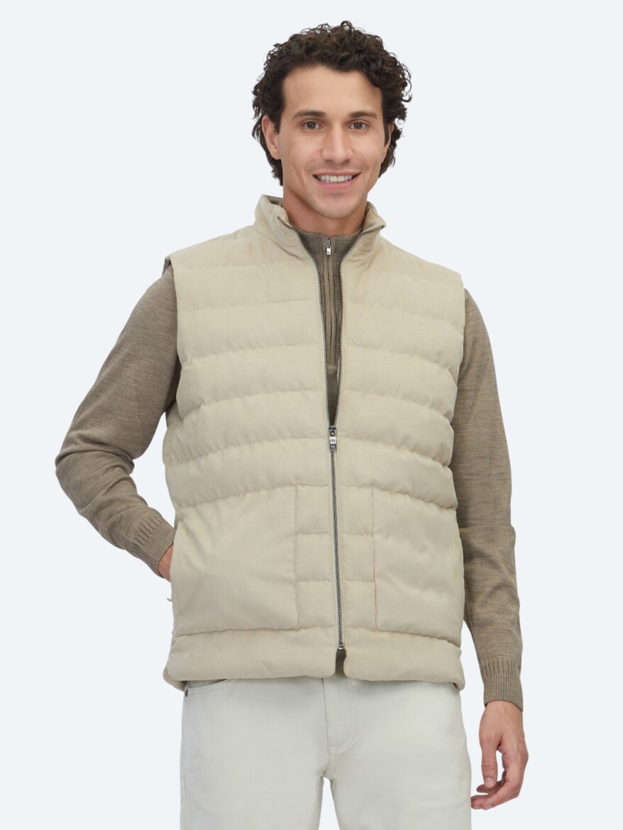 Beige Regular Fit Turtleneck Casual Weaving Puffer Vest - KİP