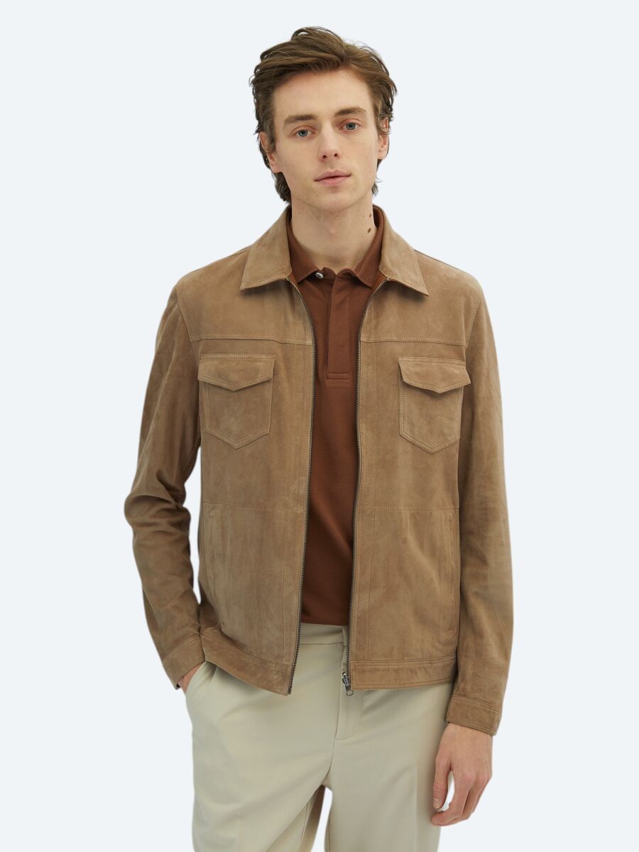 Beige Regular Fit Turtleneck Smart Casual Double-Sided Leather Coat - 2